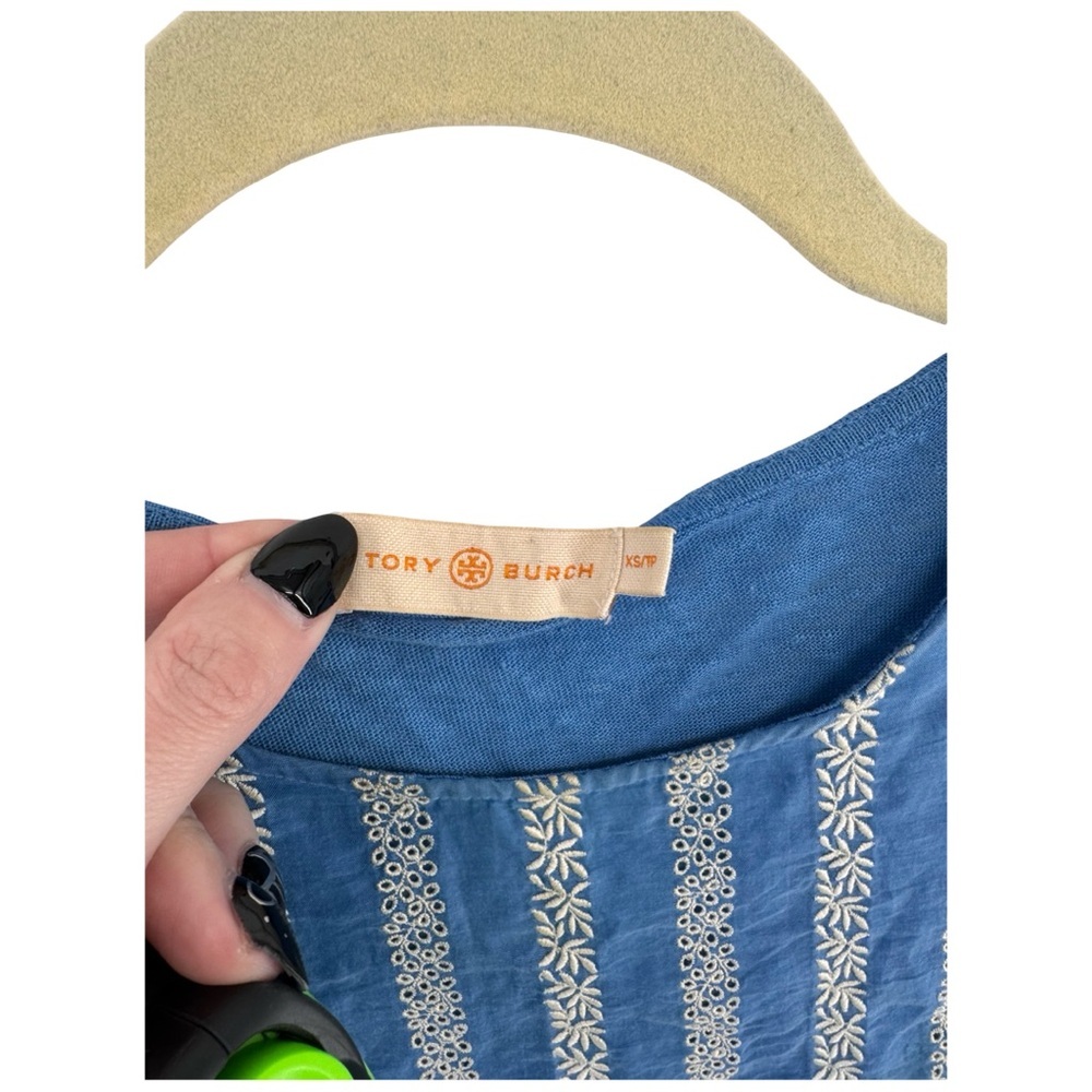 Tory Burch Blue and White Embroidered Organza Floral Stripe Top - Picture 3 of 11